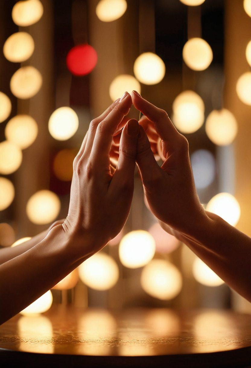 A close-up of two hands intertwined, surrounded by soft, glowing heart-shaped lights symbolizing intimacy and connection. In the background, a blurred scene of a cozy café setting with warm colors, suggesting a deep emotional bond. Add subtle floral elements for a touch of romance. oil painting. soft focus. warm colors.