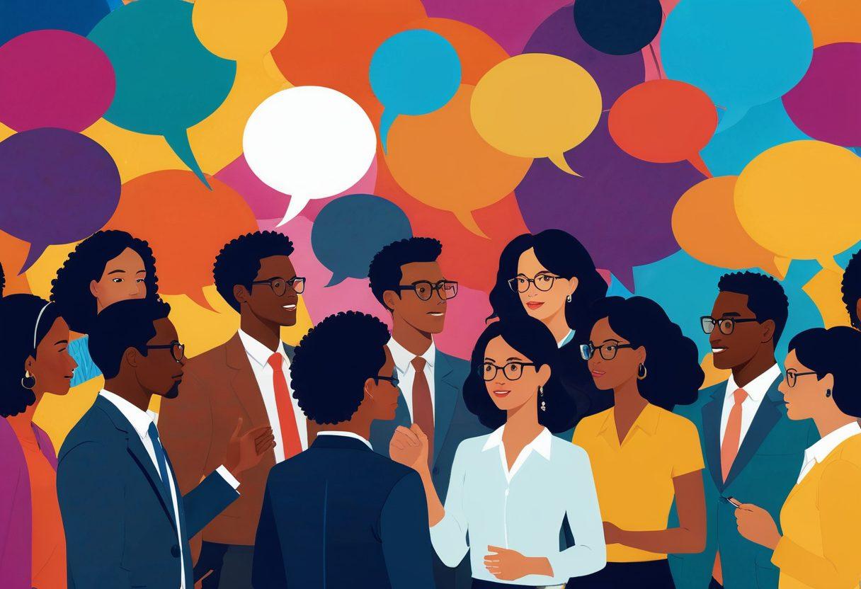 A dynamic scene illustrating a diverse group of professionals engaging in a vibrant networking event, showcasing animated discussions and lively interactions. The background features bold colors and abstract designs that symbolize communication and collaboration. Include elements like speech bubbles and digital connections in the air to represent ideas being exchanged. super-realistic. vibrant colors. modern design.