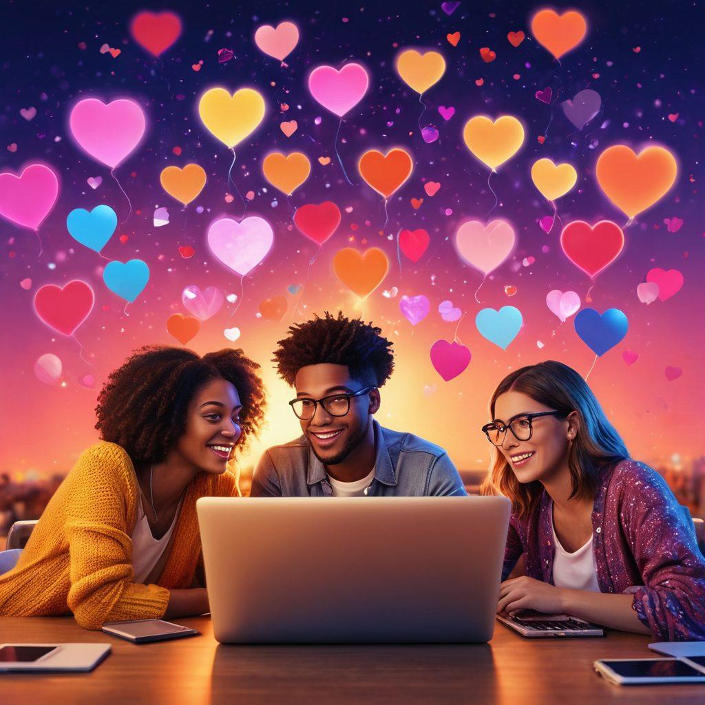 A warm and inviting digital collage depicting diverse people engaging in online communities, with glowing hearts symbolizing affection and connection. Include elements like laptops, chat bubbles, and vibrant colors emanating from screens to represent engagement. The background should feature soft, abstract patterns that evoke a sense of togetherness and warmth. super-realistic. vibrant colors. 3D.